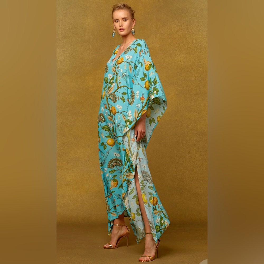 Turquoise Floral Maxi Dress with Lemon Print